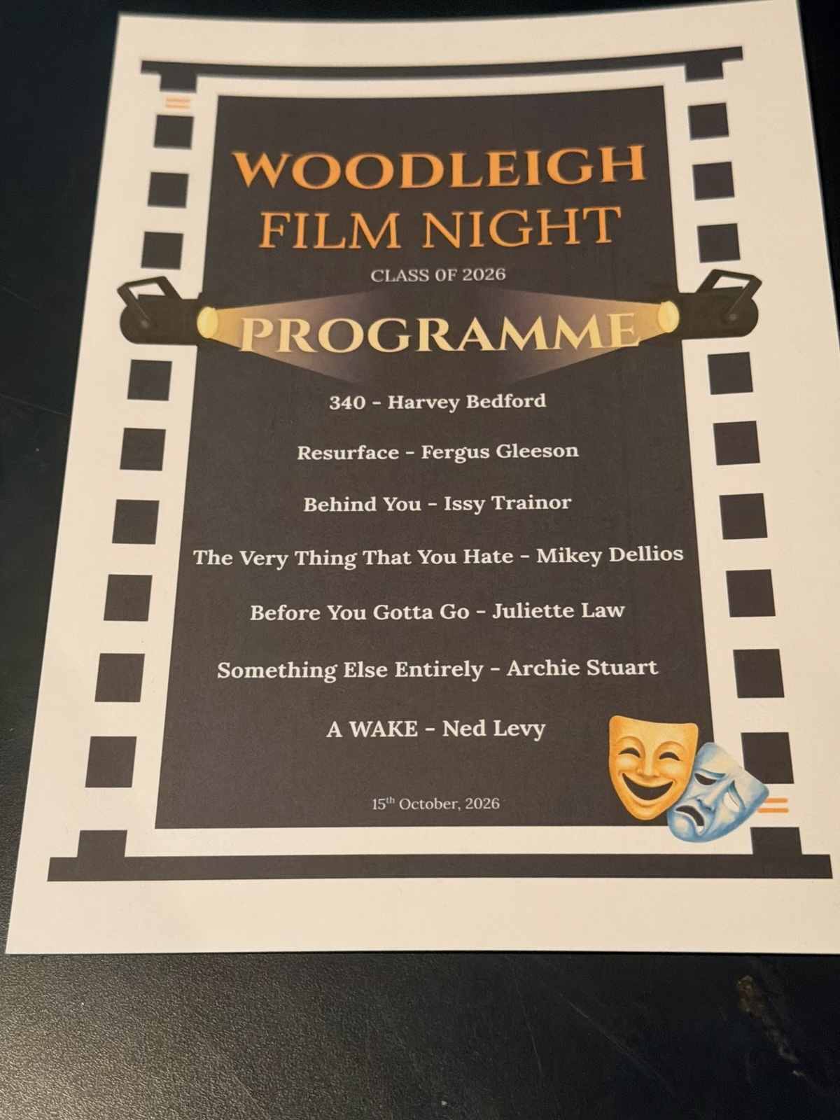Run sheet for Woodleigh's student films at the Art Festival's Film Night
