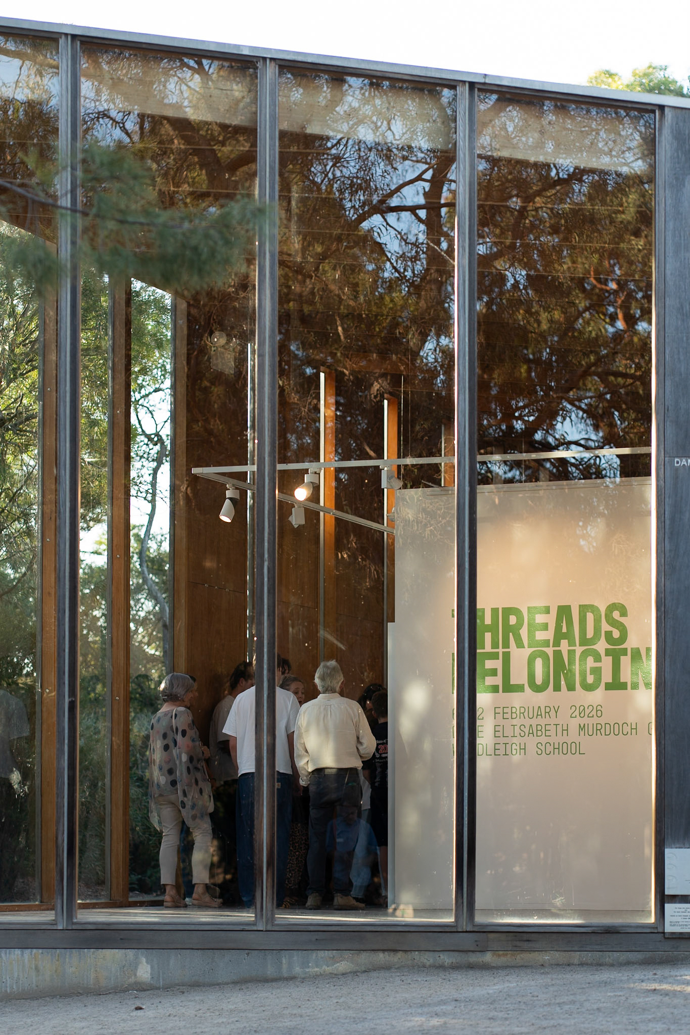 Looking through the gallery windows of Dame Elisabeth Murdoch Gallery on opening night