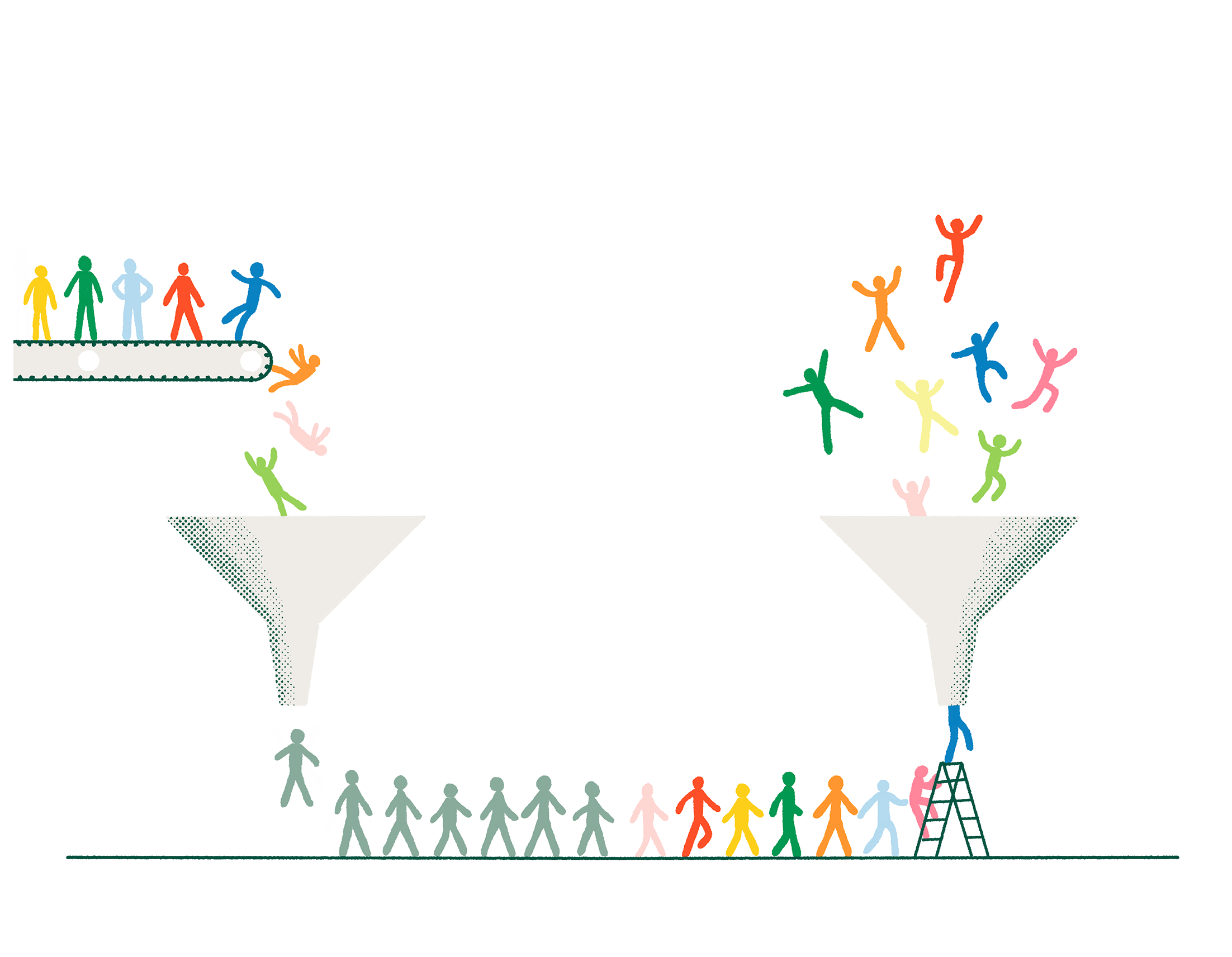 An illustration of students being put through a funnel